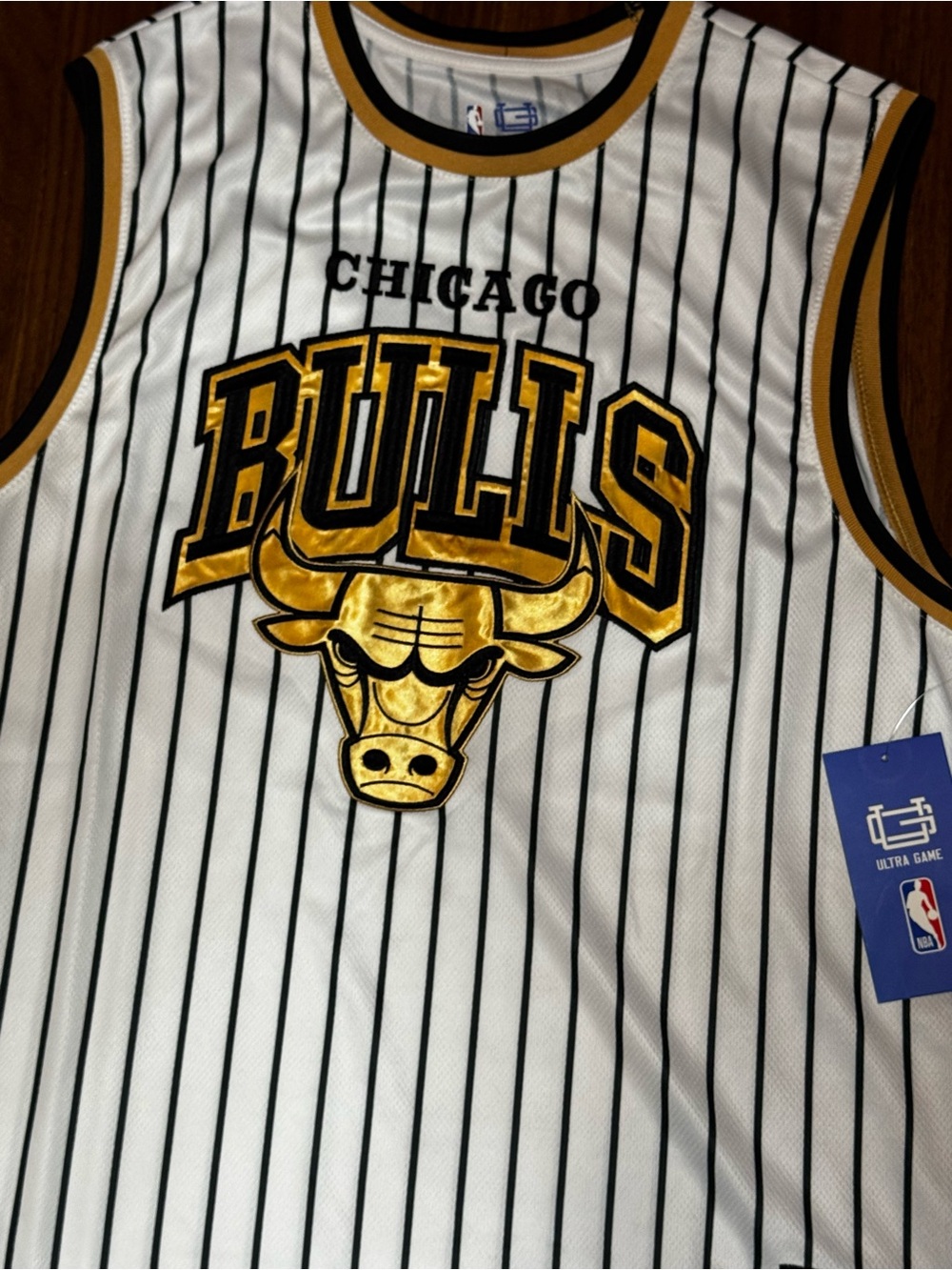NBA Chicago Bulls White and Gold Pinstripe Jersey
